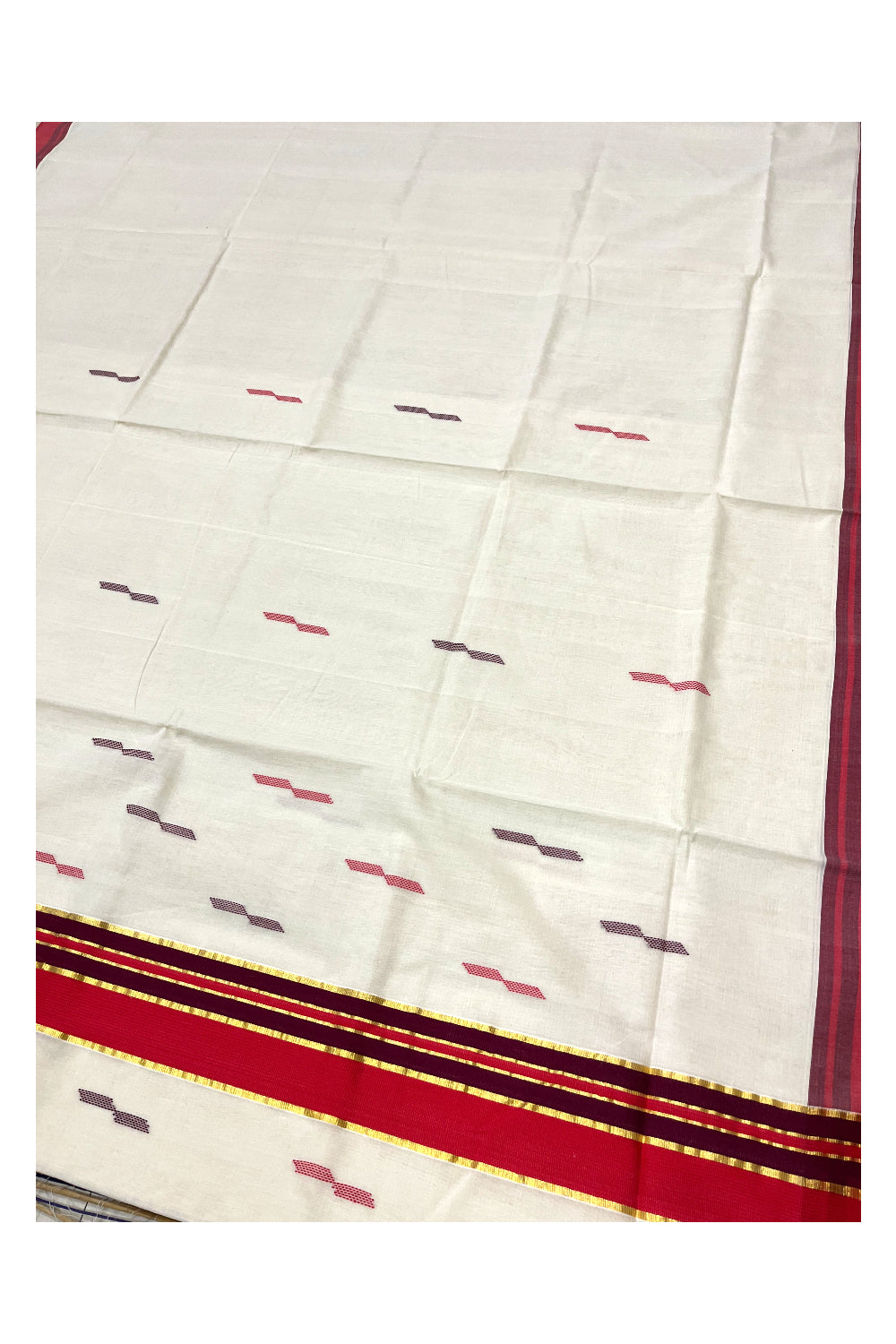 Southloom Premium Balaramapuram Unakkupaavu Handloom Cotton Butta Saree with Red Purple and Kasavu Border