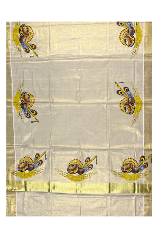 Kerala Tissue Kasavu Saree with Peacock Feather and Flute Mural Printed Designs