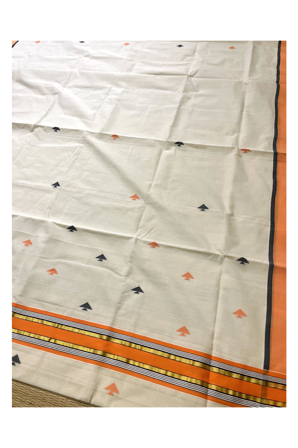 Southloom Premium Balaramapuram Unakkupaavu Handloom Cotton Butta Saree with Orange and Kasavu Border