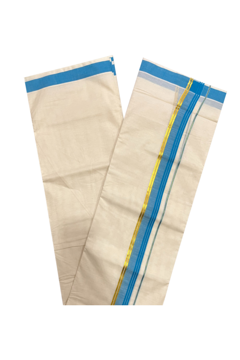 Pure Cotton Kerala Double Mundu with Blue and Kasavu Kara (South Indian Kerala Dhoti)