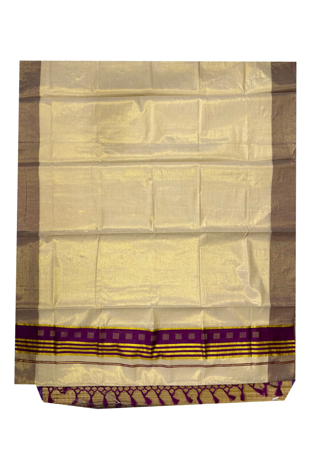 Kerala Tissue Saree with Kasavu Magenta Border and Tassels Works on Pallu (Onam Saree 2023)