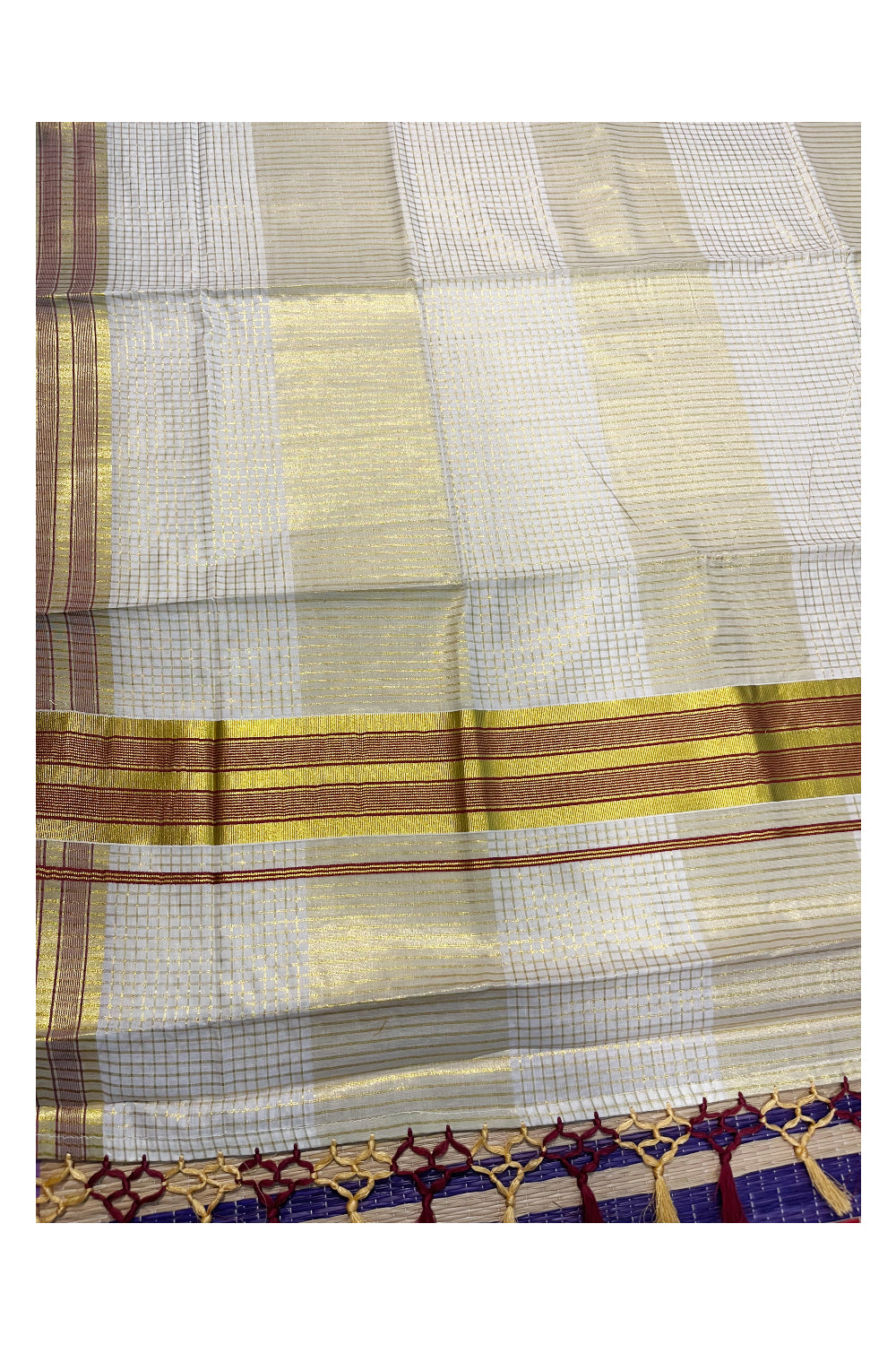 Pure Cotton Kerala Kasavu Check Saree with Maroon Border