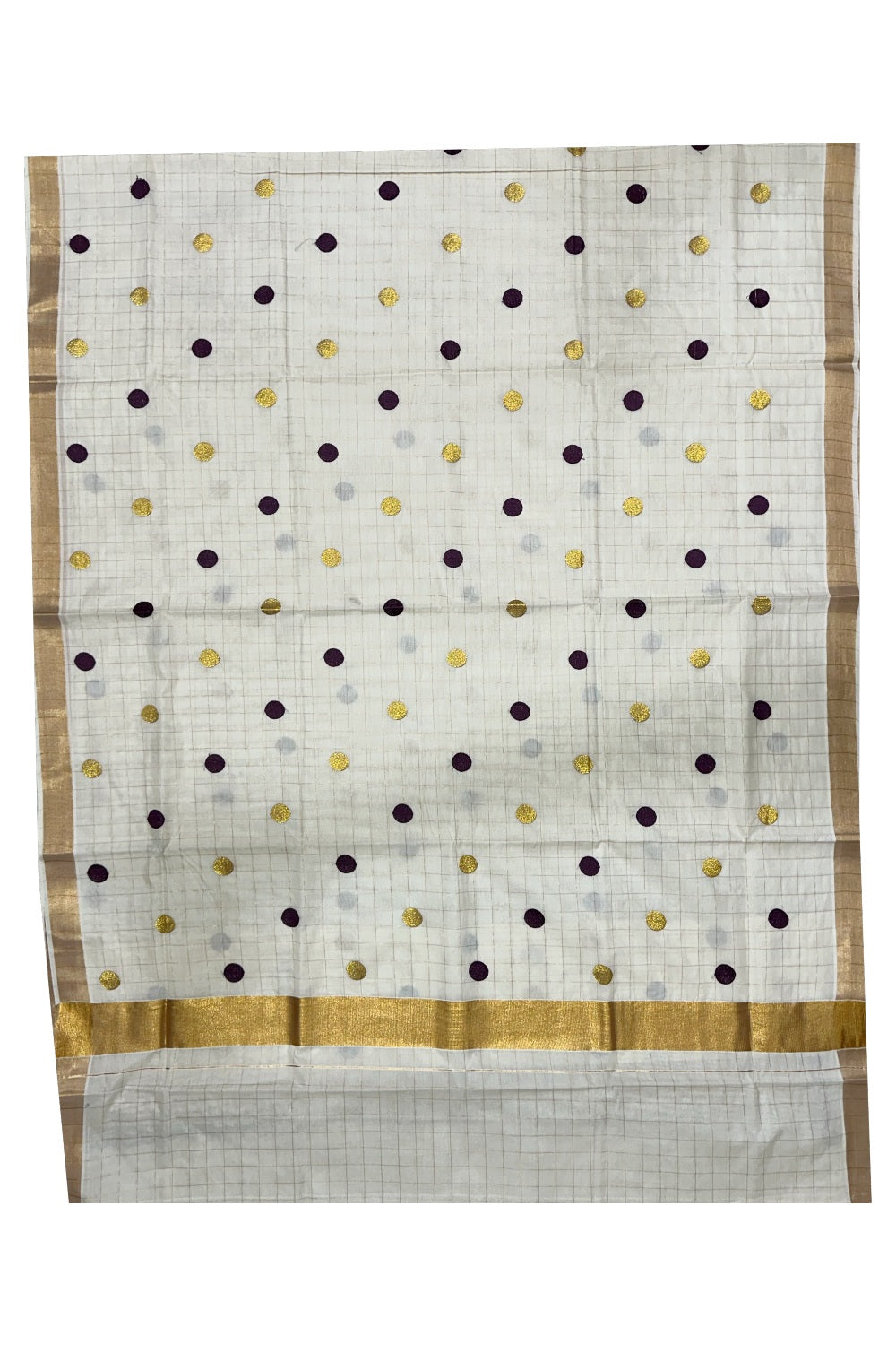 Southloom Kerala Check Saree with Woven Polka Dots in Kasavu and Violet Colour