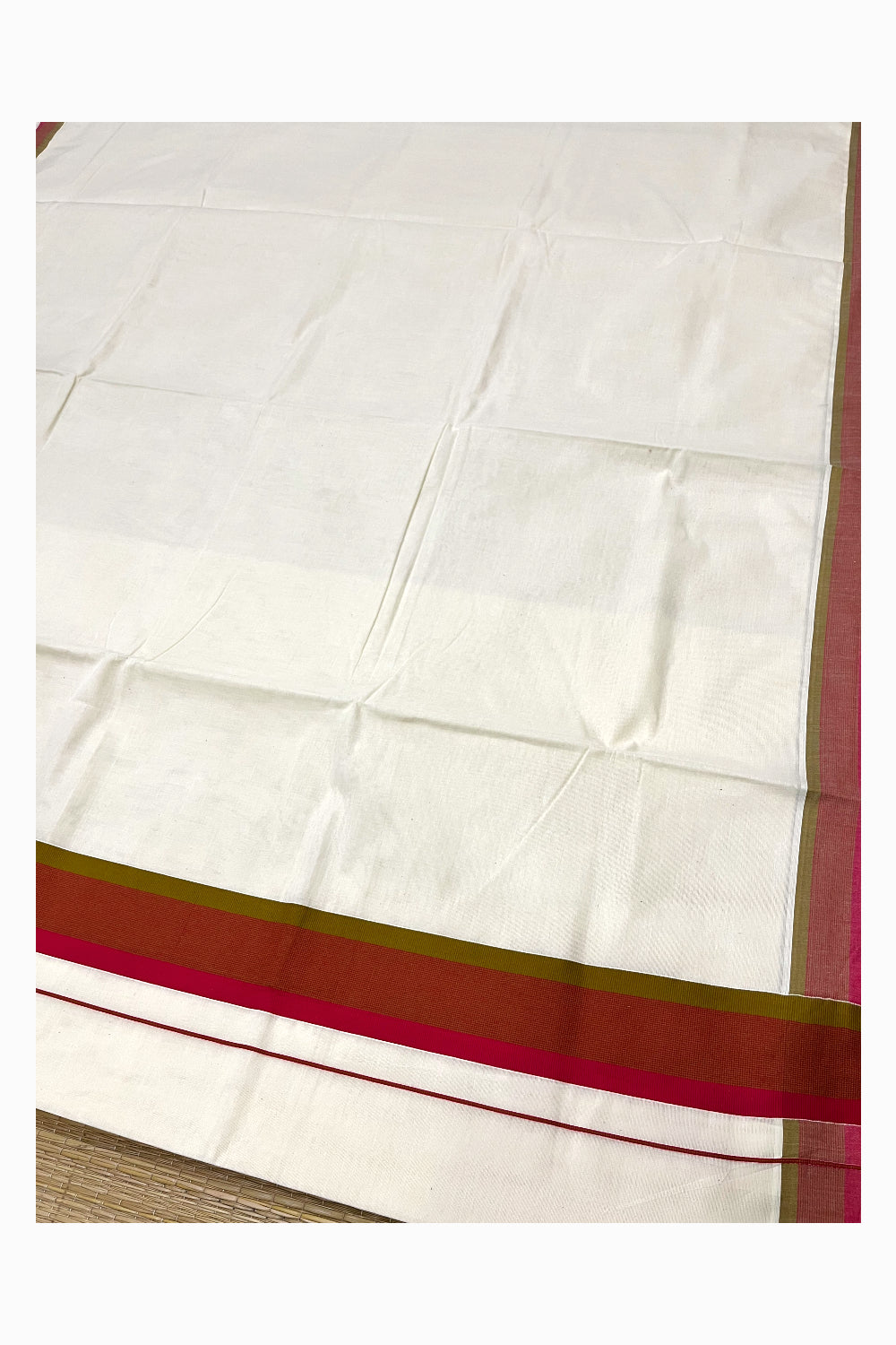 Pure Cotton Kerala Cotton Saree with Pink And Olive Green Border (Vishu 2024 Collection)