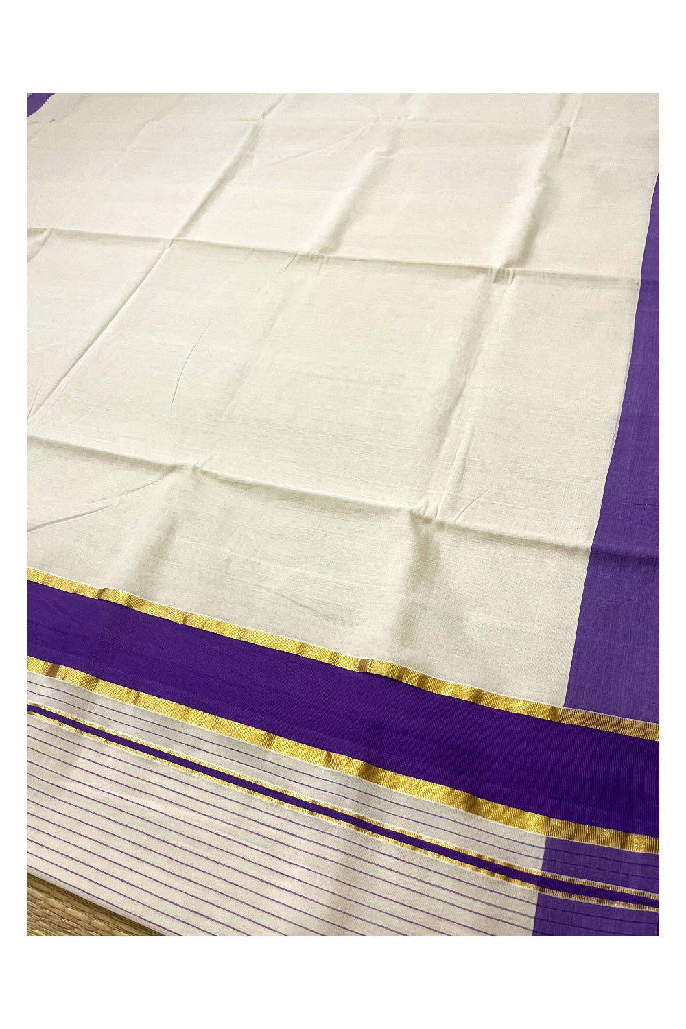 Southloom Premium Unakkupaavu Handloom Cotton Saree with Kasavu and Violet Lines Designs on Pallu