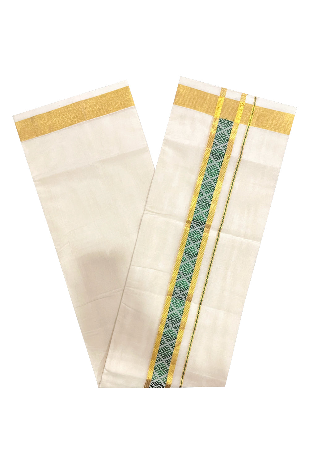 Southloom Premium Wedding Handloom Cotton Mundu with Green and Golden Kasavu Woven Border (South Indian Kerala Dhoti)