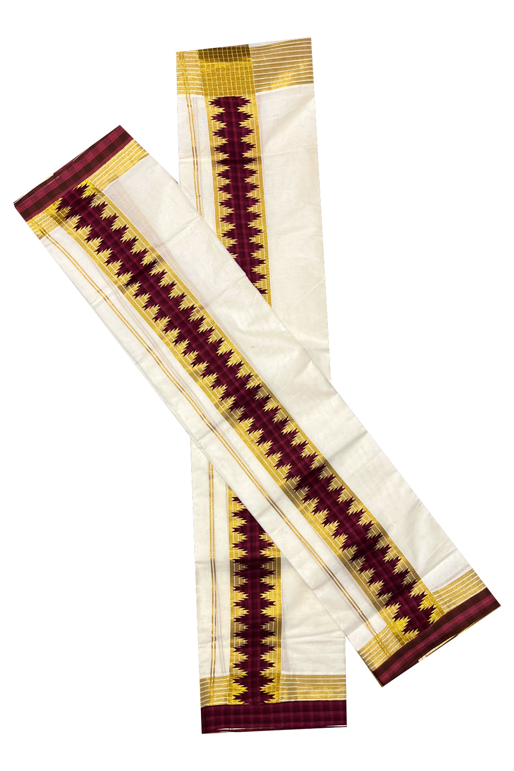 Kerala Cotton Single Set Mundu (Mundum Neriyathum) with Kasav Lines and Maroon Temple Applique Work Border 2.80Mtrs