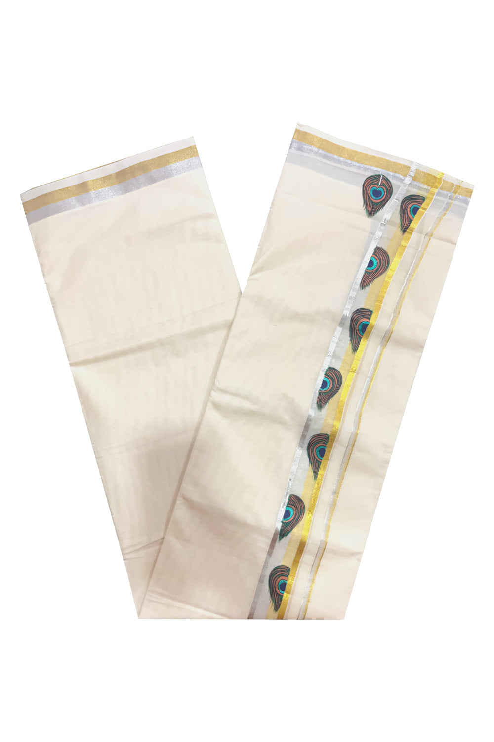 Pure Cotton Golden and Silver Kasavu Mundu with Feather Mural Painted Design (Onam Mundu 2023)