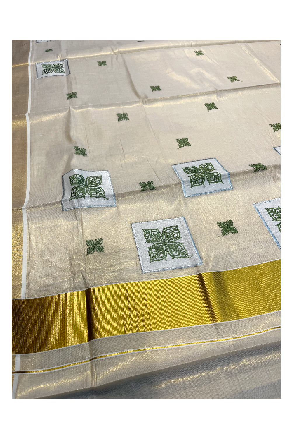 Southloom Kerala Tissue Kasavu Saree with Green Appliq Work