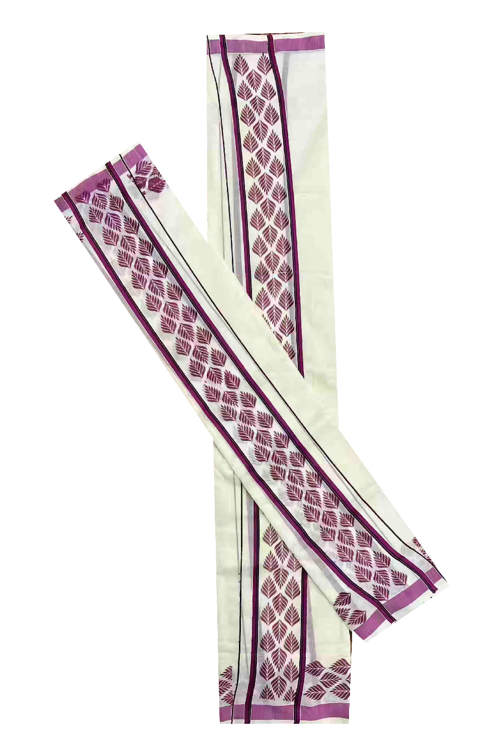 Kerala Cotton Single Set Mundu (Mundum Neriyathum) with Leaf Block Prints on Magenta and Black Border