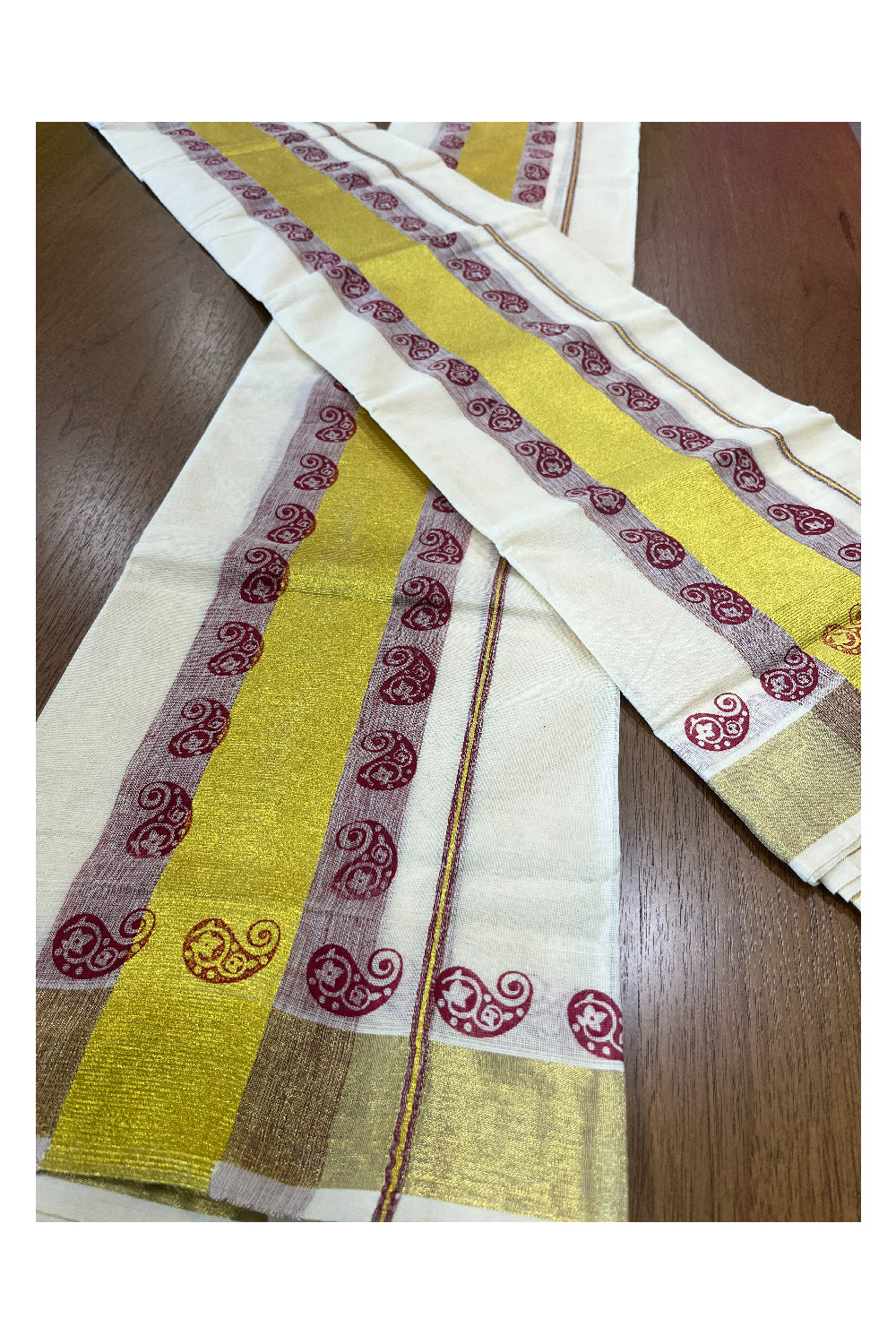 Cotton Single Set Mundu (Mundu Neriyathum) with Maroon Block Prints and Kasavu Border