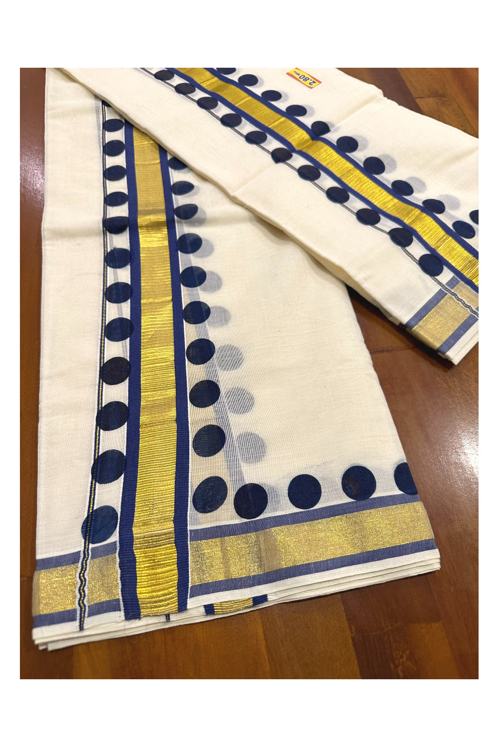 Kerala Cotton Kasavu Single Set Mundu (Mundum Neriyathum) with Dark Blue Block Prints on Border 2.80 Mtrs