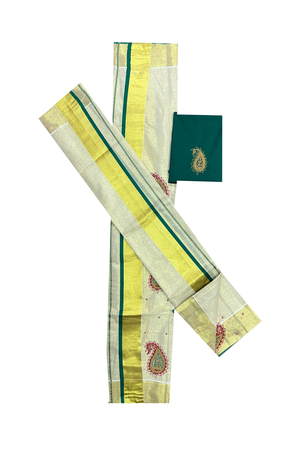 Kerala Tissue Kasavu Set Mundu (Mundum Neriyathum) with Handwork Design and Green Blouse Piece