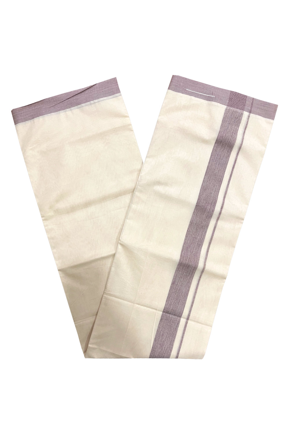 Pure Cotton Off White 100x100 Double Mundu with Purple Border (South Indian Kerala Dhoti)