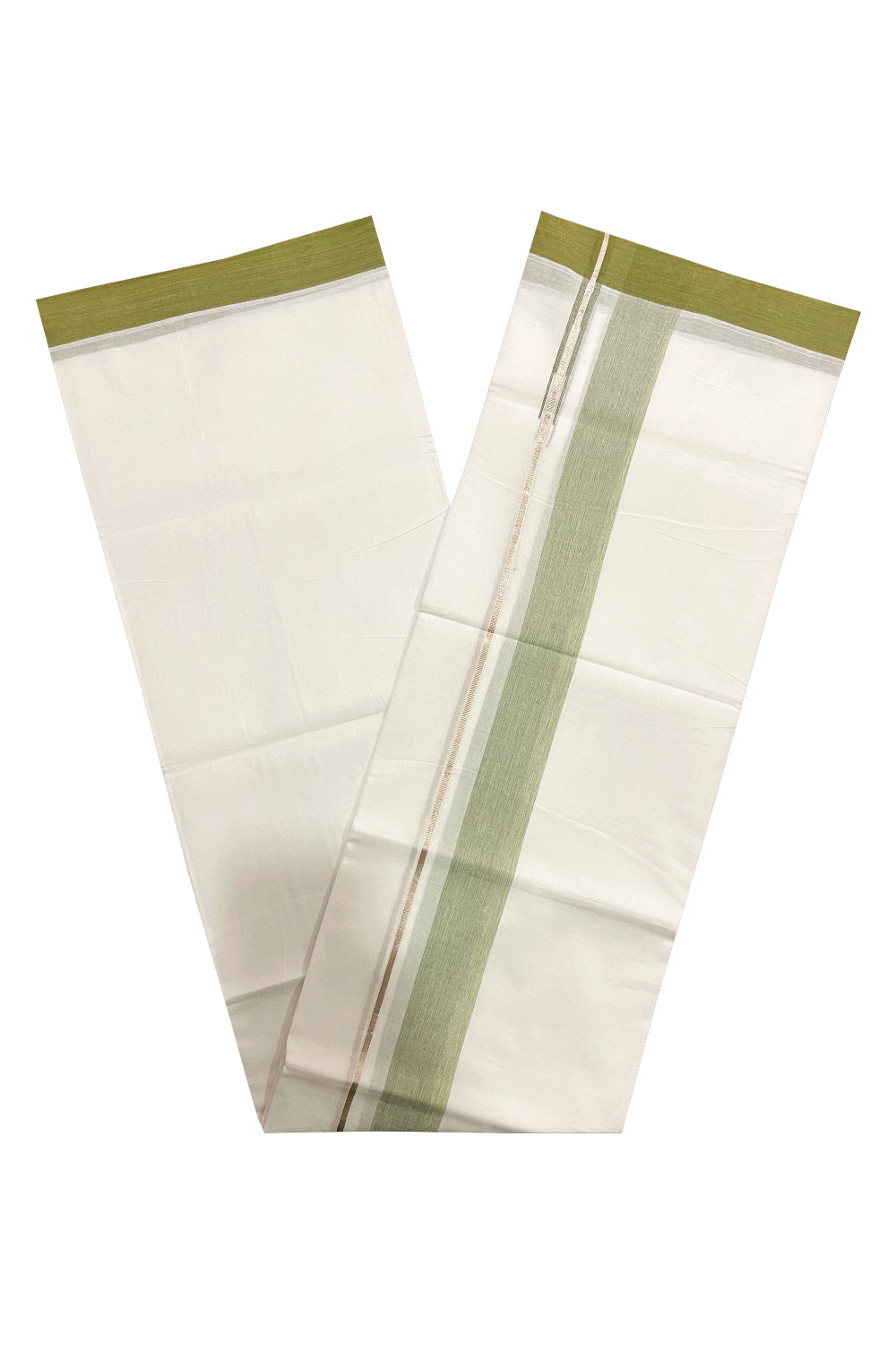 Pure White Cotton Double Mundu with Silver Kasavu and Olive Green Chutti Border (South Indian Kerala Dhoti)