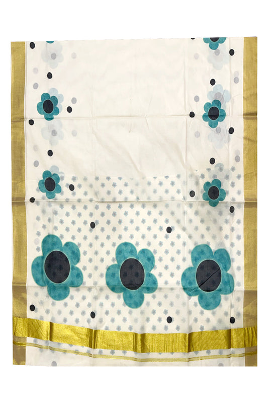 Southloom Exclusive Onam Kasavu Saree with High Quality Digital Turquoise Floral Print Across Body (Matching Printed Blouse Included)