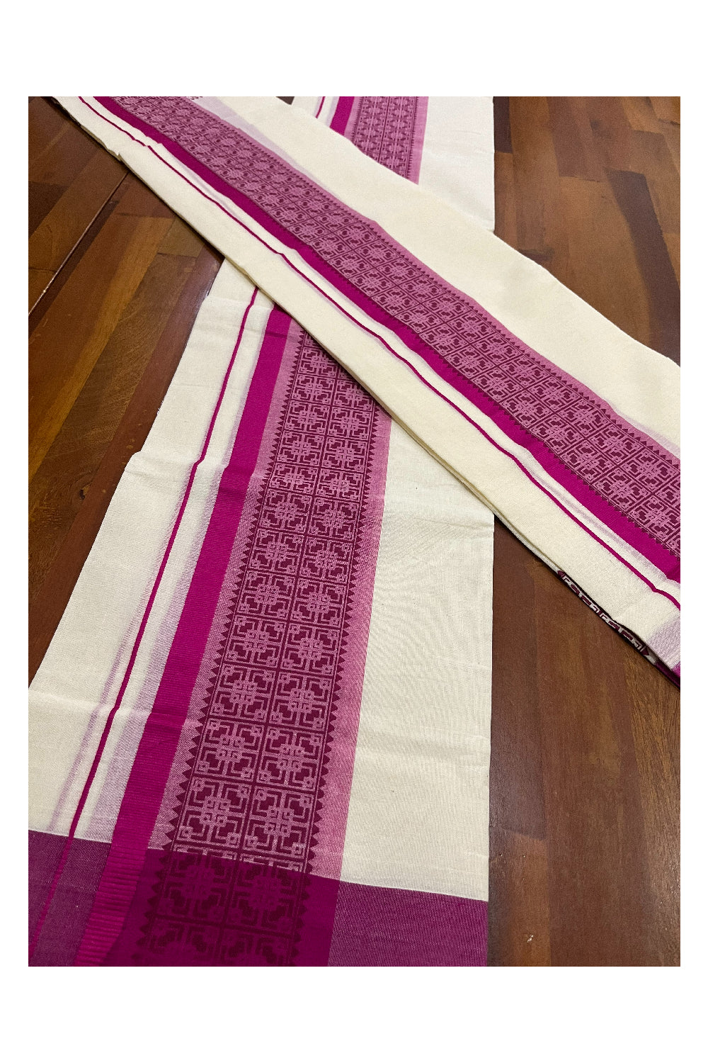 Southloom Pure Cotton Kerala Single Set Mundu with Magenta Block Prints (Onam Set Mundu 2023)