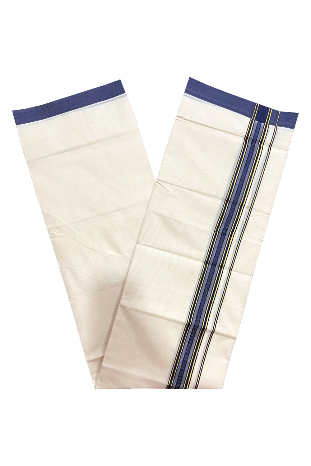 Pure Cotton 100x100 Double Mundu with Kasavu and Dark Blue Kara (Onam Mundu 2023)