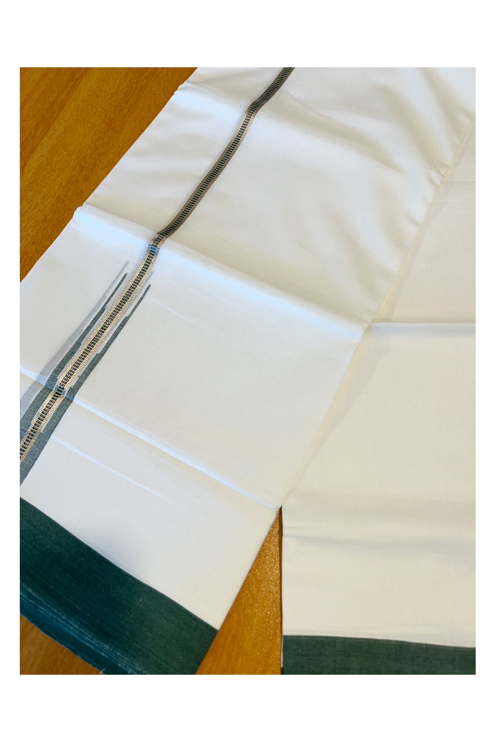 Pure White Cotton Double Mundu with Silver Green Chutti Border (South Indian Kerala Dhoti)