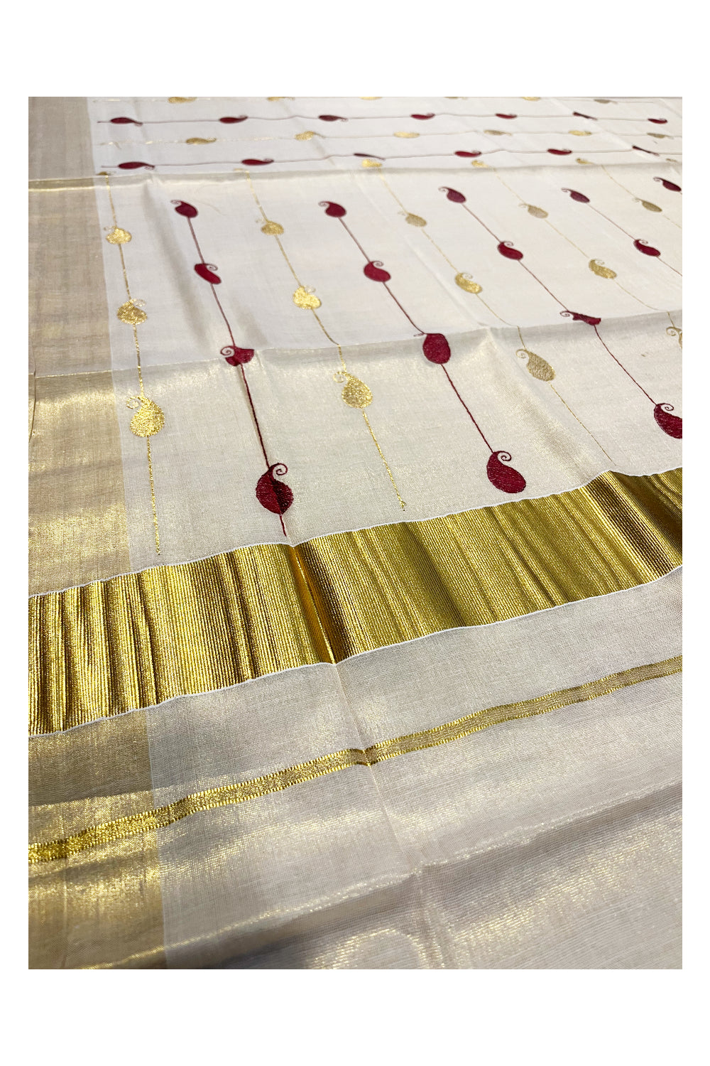 Kerala Tissue Kasavu Saree With Maroon and Golden Paisley Embroidery Works