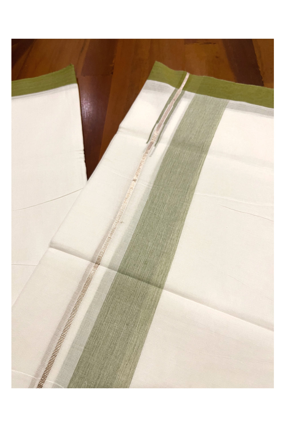 Pure White Cotton Double Mundu with Silver Kasavu and Olive Green Chutti Border (South Indian Kerala Dhoti)