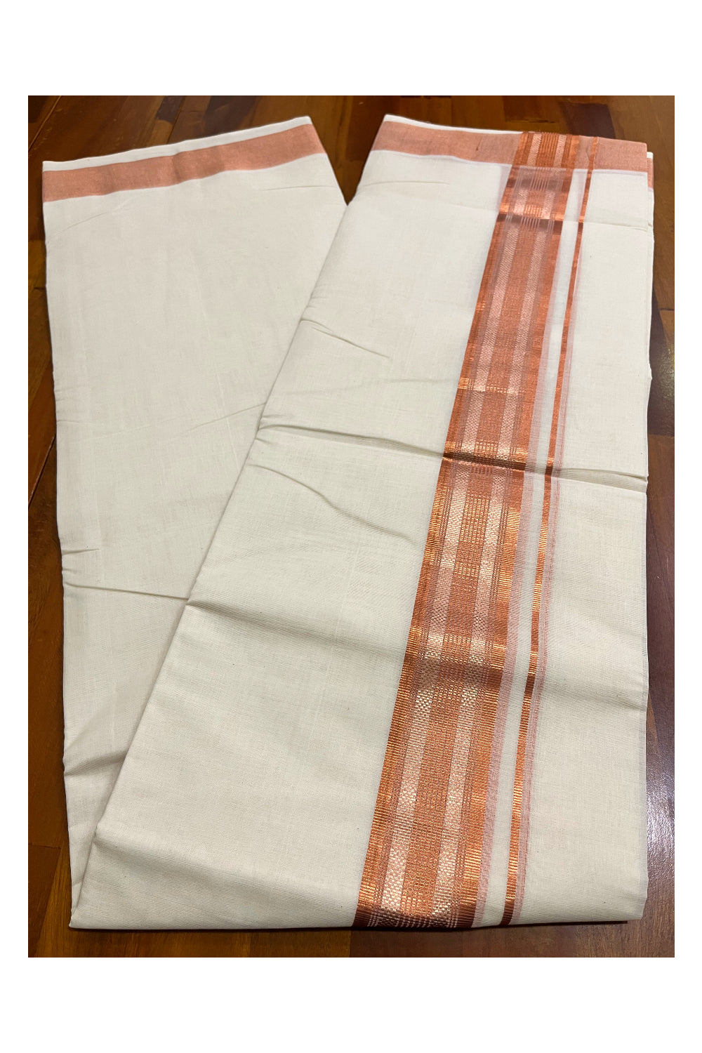 Premium Balaramapuram Handloom Pure Cotton Double Mundu with Copper Kasavu Border (Vishu 2024 Collection)