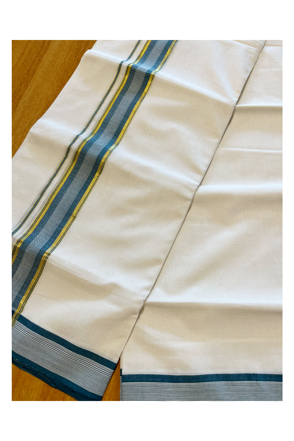 Southloom Premium Handloom Cotton Double Mundu with Green and Kasavu Lines Border