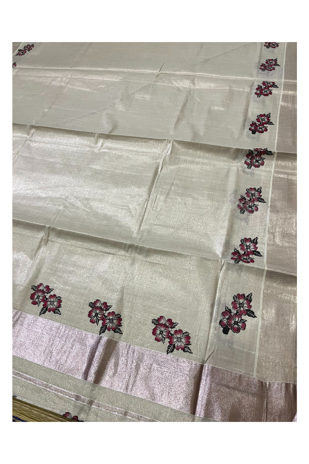 Kerala Rose Copper Tissue Kasavu Saree with Floral Block Prints on Border