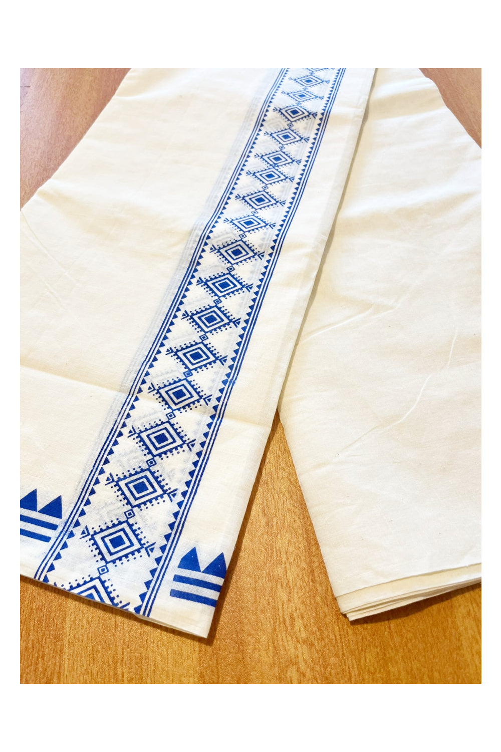 Pure Cotton Off White Double Mundu with Blue Block Prints On Border (South Indian Kerala Dhoti)