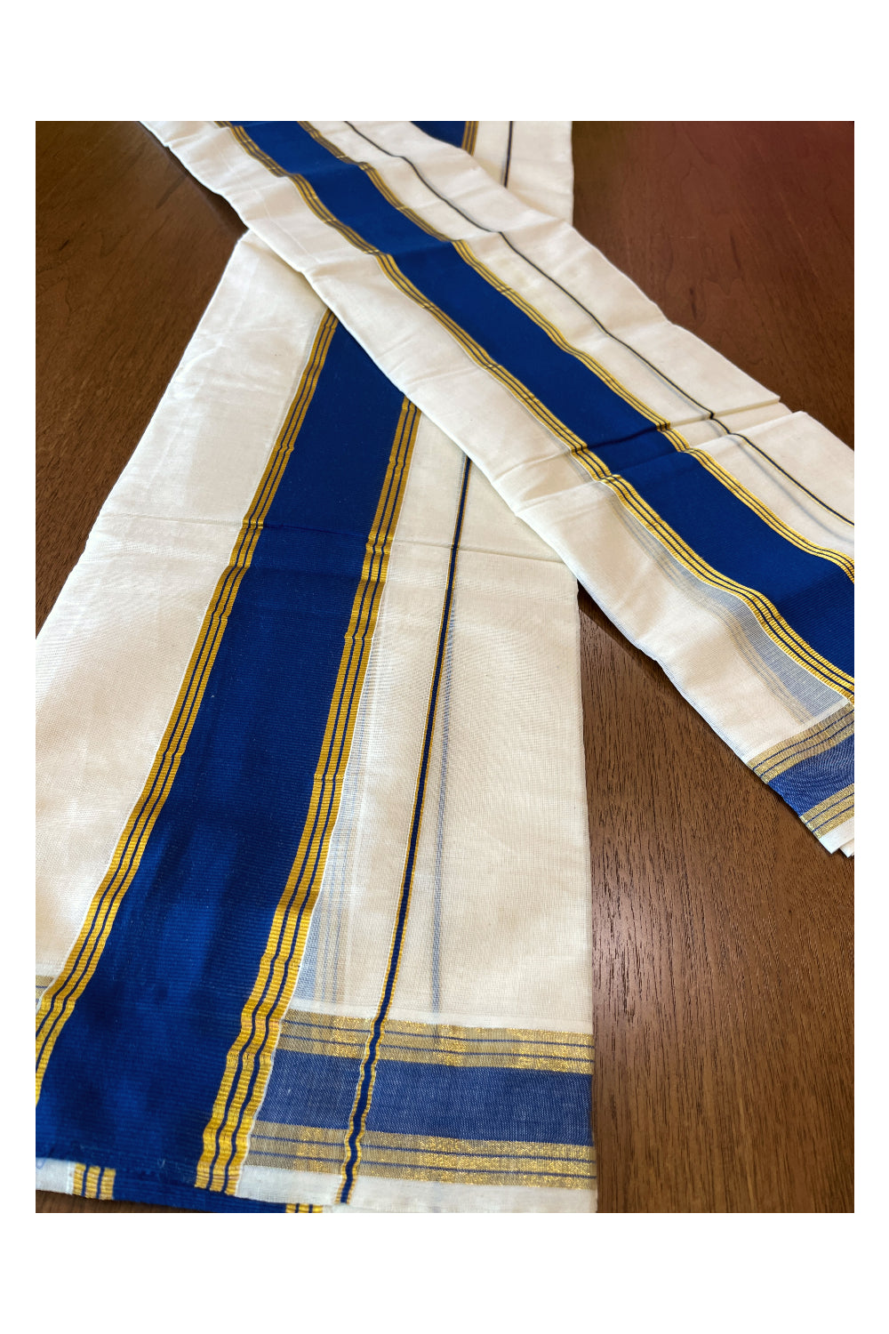 Cotton Mundum Neriyathum Double (Set Mundu) with Blue and Kasavu Border