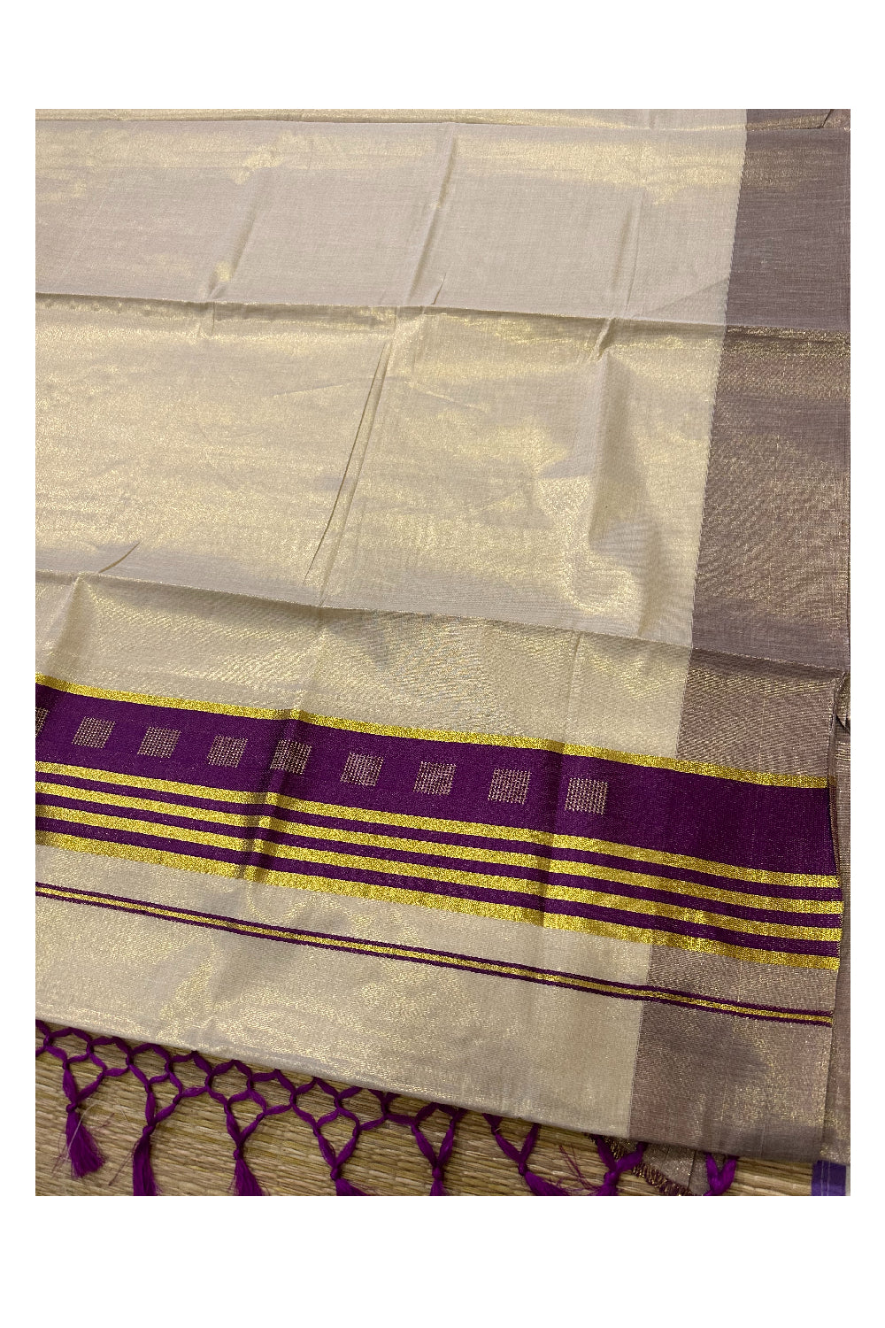 Kerala Tissue Saree with Kasavu Magenta Border and Tassels Works on Pallu (Onam Saree 2023)