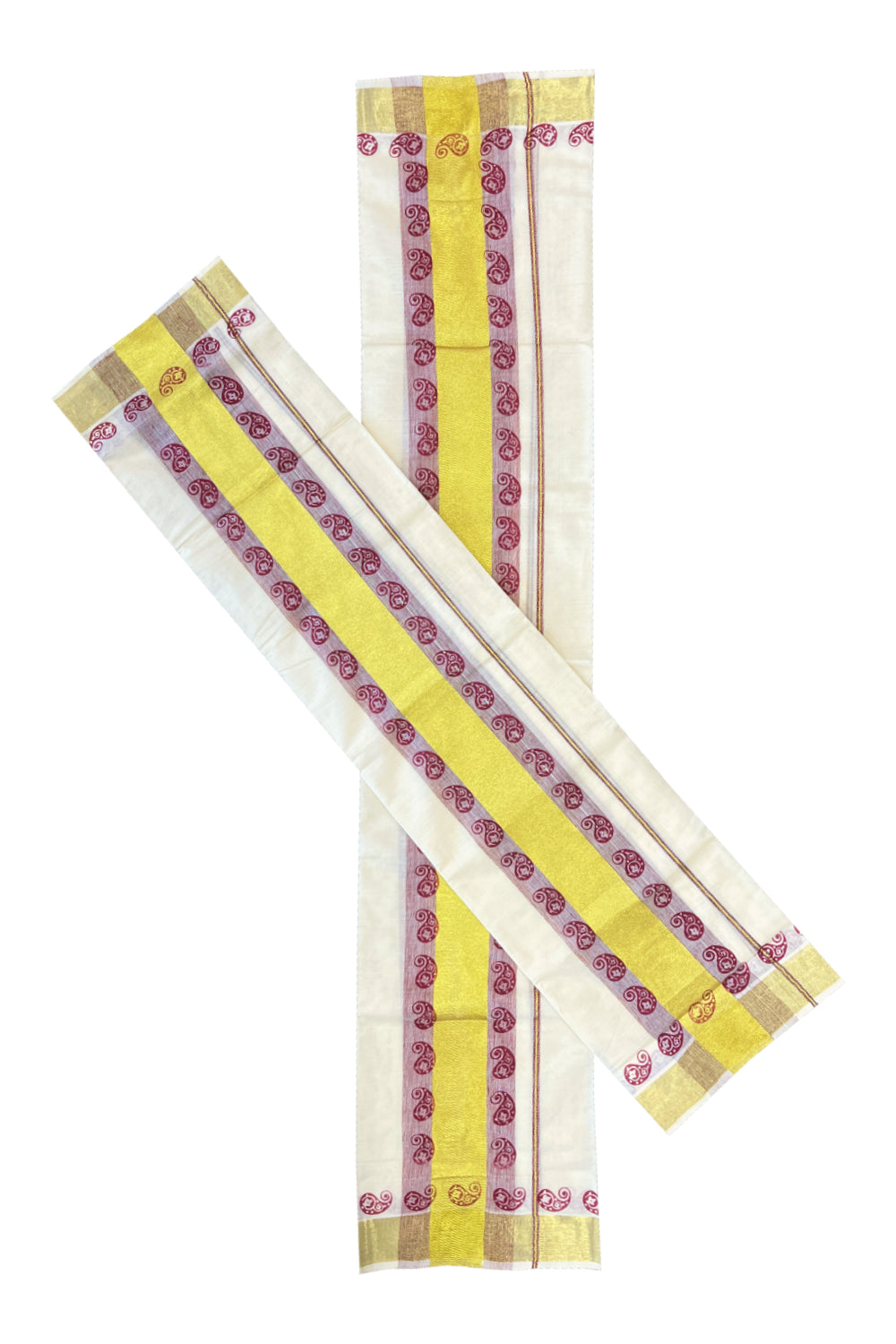 Cotton Single Set Mundu (Mundu Neriyathum) with Maroon Block Prints and Kasavu Border