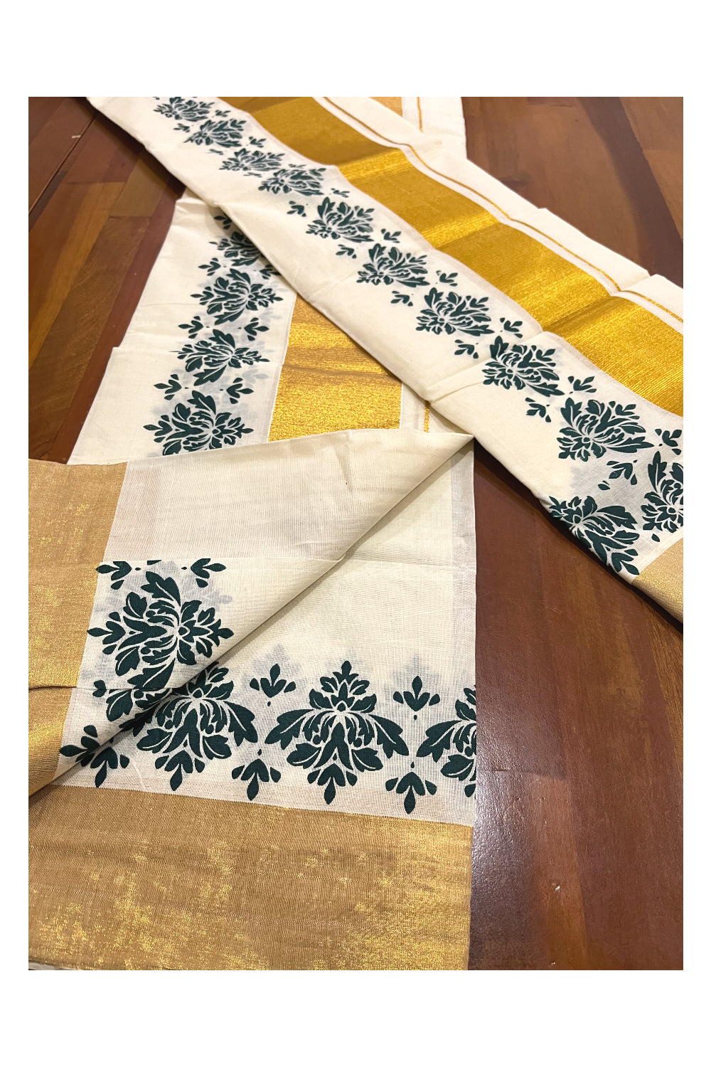 Pure Cotton Kerala Single Set Mundu (Mundum Neriyathum) with Green Block Printed Kasavu Border