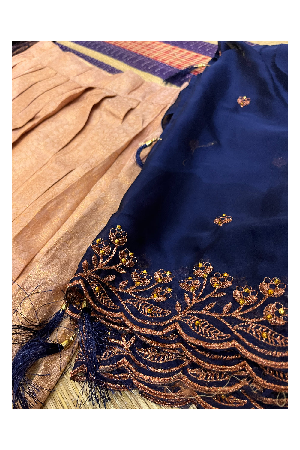 Semi Stitched Premium Semi SIlk Copper Dhavani Set with Blue Neriyathu ...