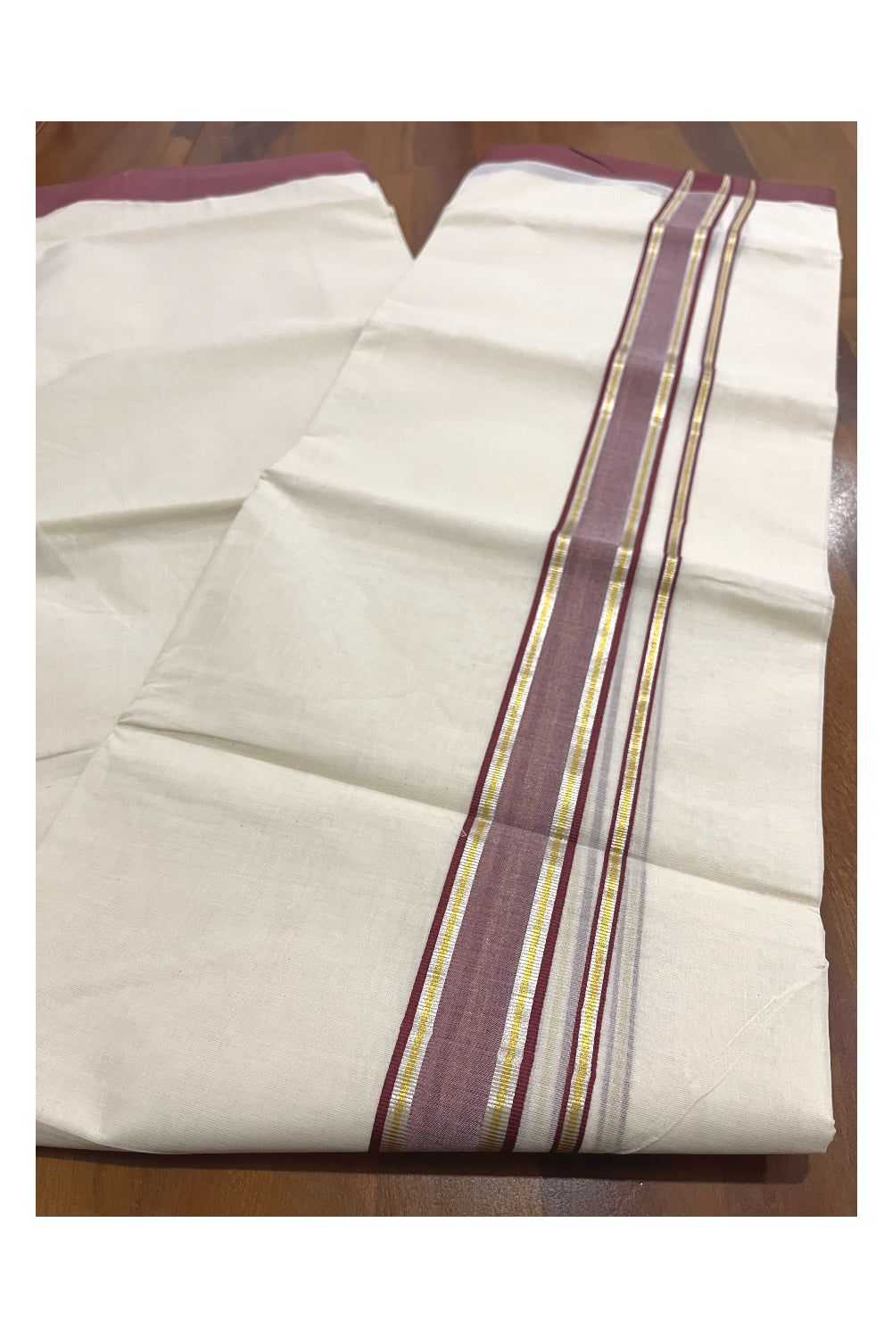 Pure Cotton 100x100 Double Mundu with Silver Golden Kasavu and Maroon Kara (Onam Mundu 2023)