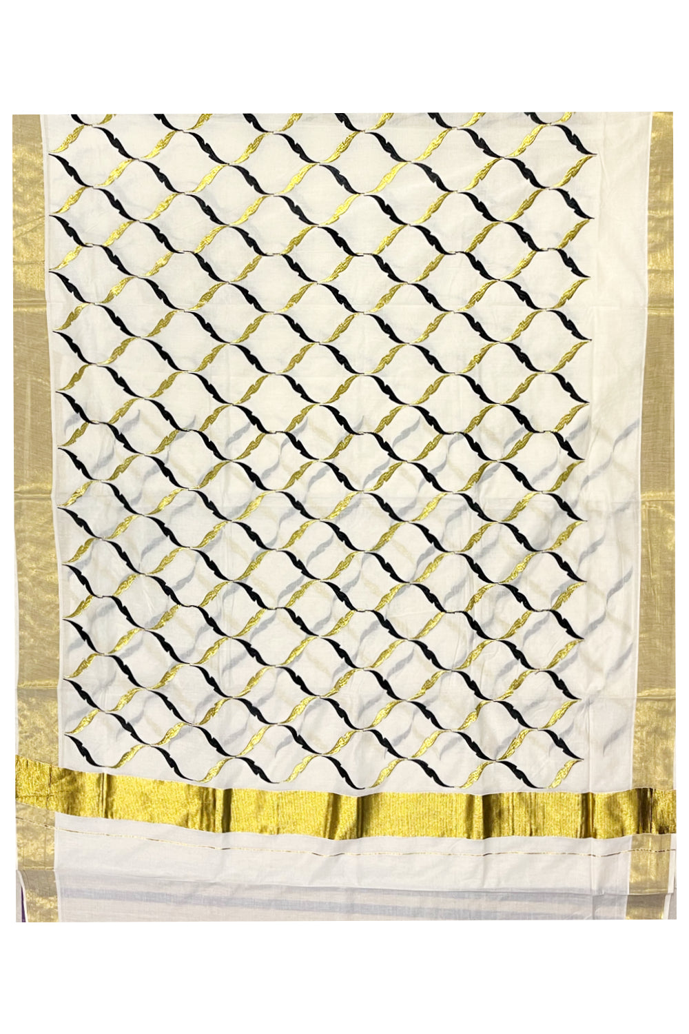 Southloom Cotton Kerala Kasavu Saree with Black and Golden Floral Designs