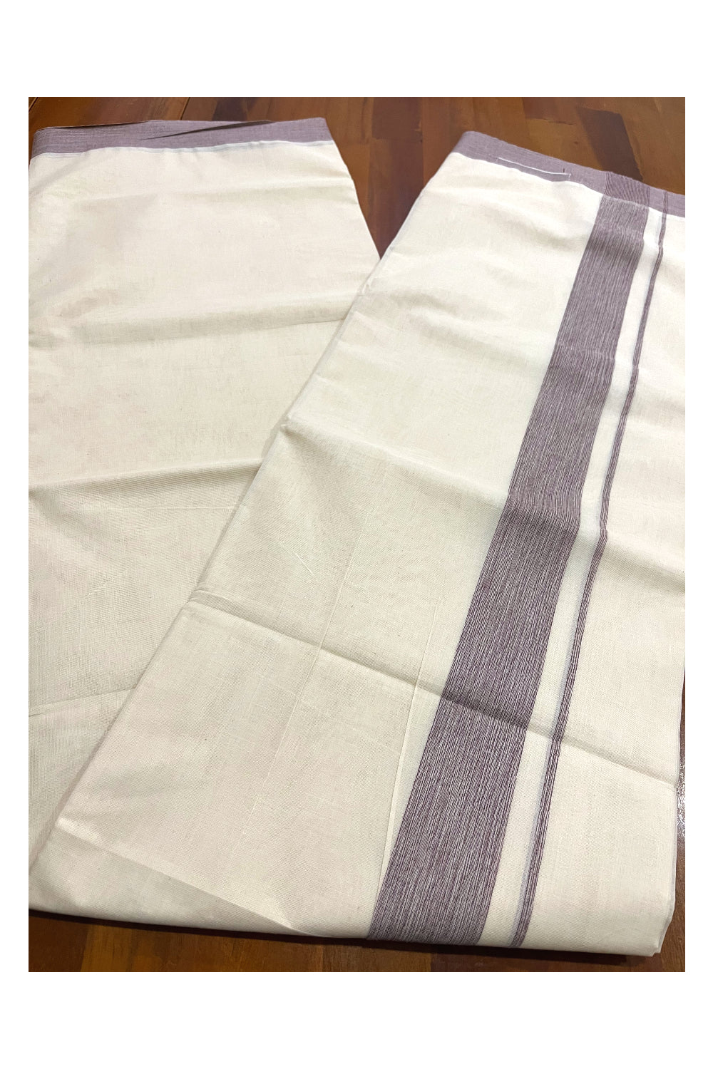 Pure Cotton Off White 100x100 Double Mundu with Purple Border (South Indian Kerala Dhoti)