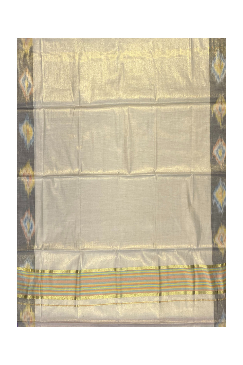 Southloom Kerala Tissue Kasavu Saree with Multi Colour Pochampally Design on Borders and Kara