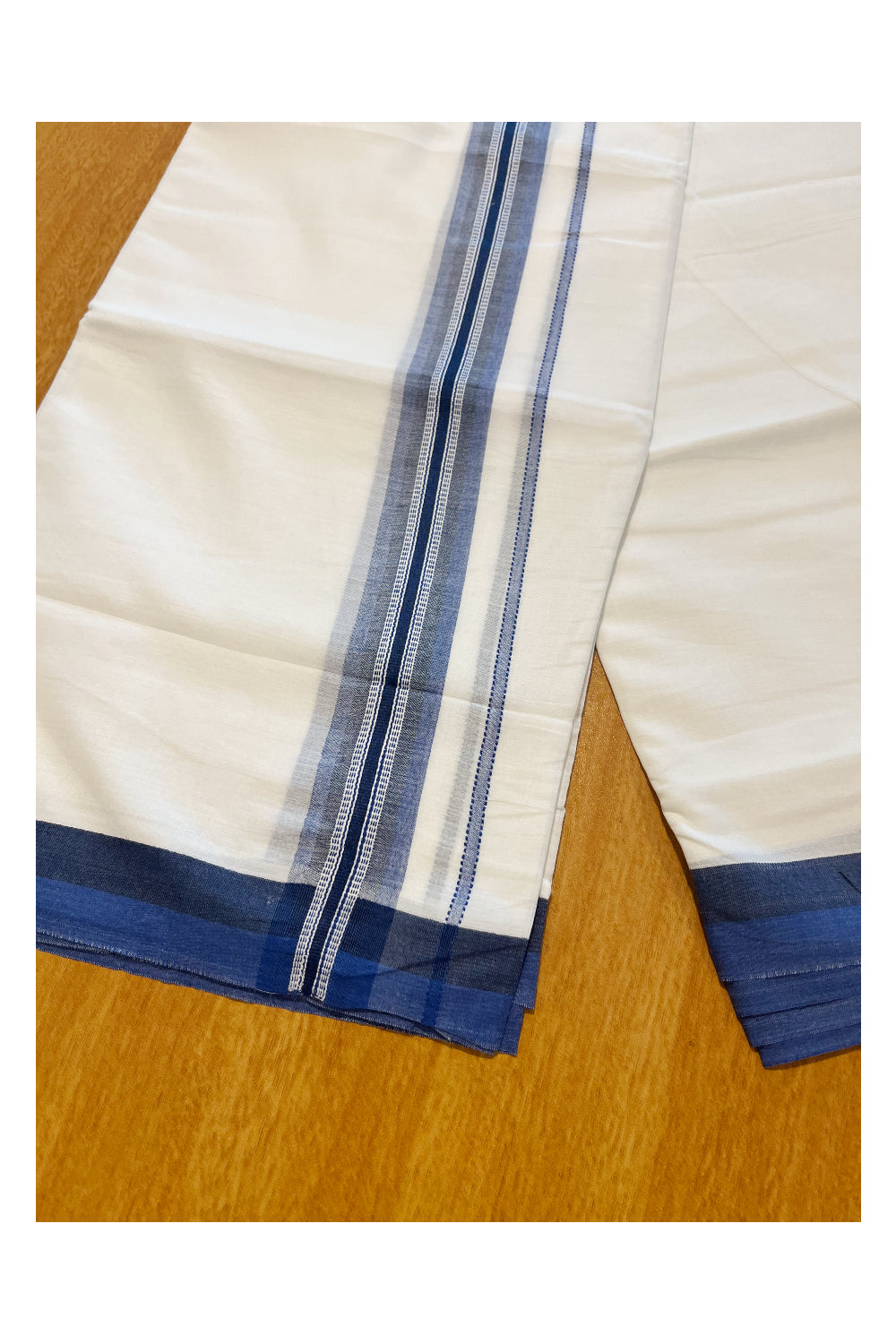 Pure White Cotton Double Mundu with Blue Border (South Indian Dhoti)