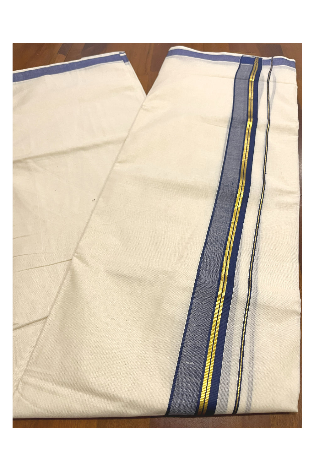 Pure Cotton Kerala Double Mundu with Kasavu and Blue Kara (South Indian Dhoti)