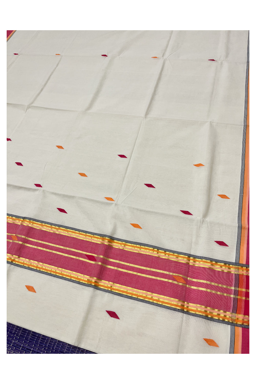 Southloom Premium Balaramapuram Unakkupaavu Handloom Cotton Butta Saree with Red Orange and Kasavu Border (Vishu 2024 Collection)