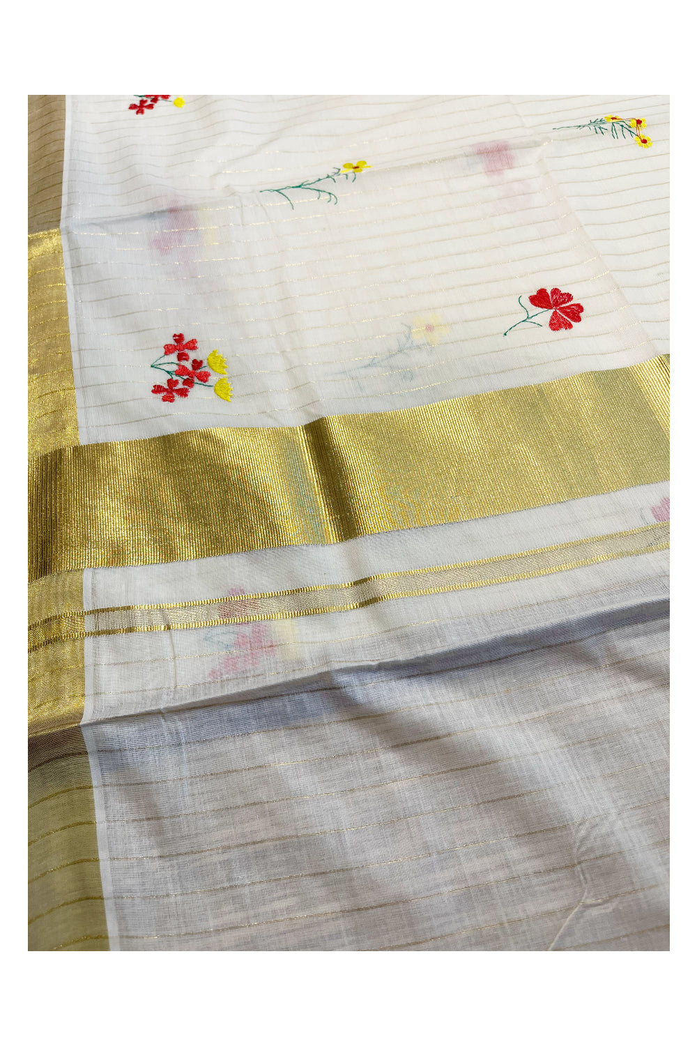 Kerala Cotton Kasavu Lines Saree with Red and Yellow Floral Embroidery Works On Body