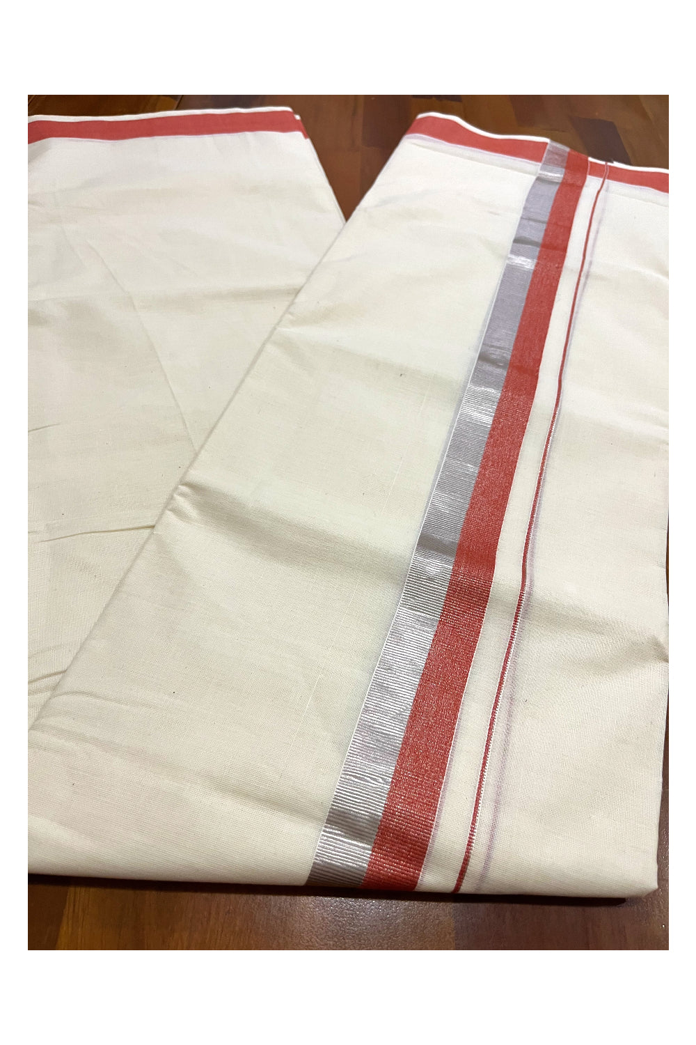 Kerala Cotton Double Mundu with Orange and Silver Kasavu Border (Onam Mundu 2023)