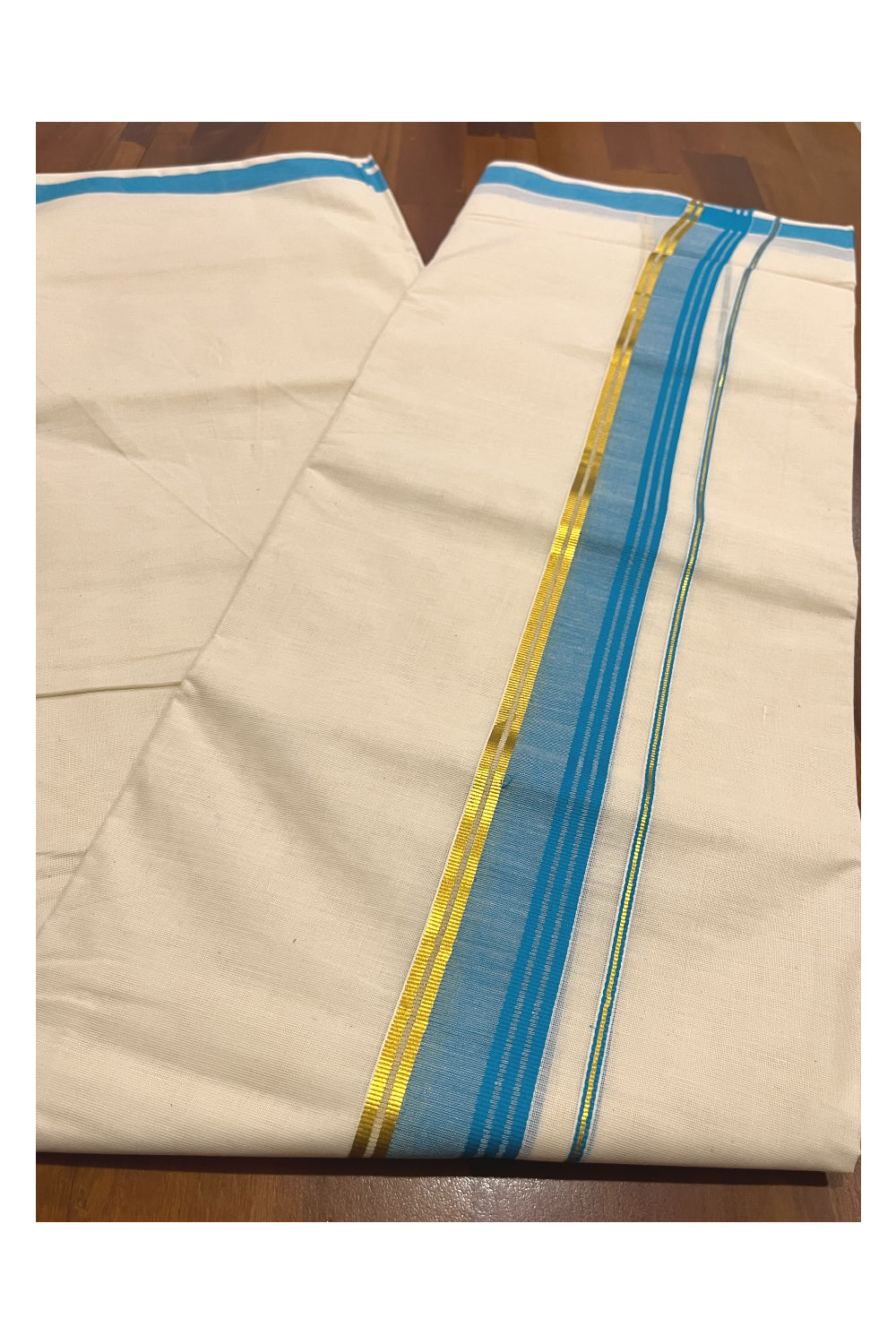 Pure Cotton Kerala Double Mundu with Blue and Kasavu Kara (South Indian Kerala Dhoti)