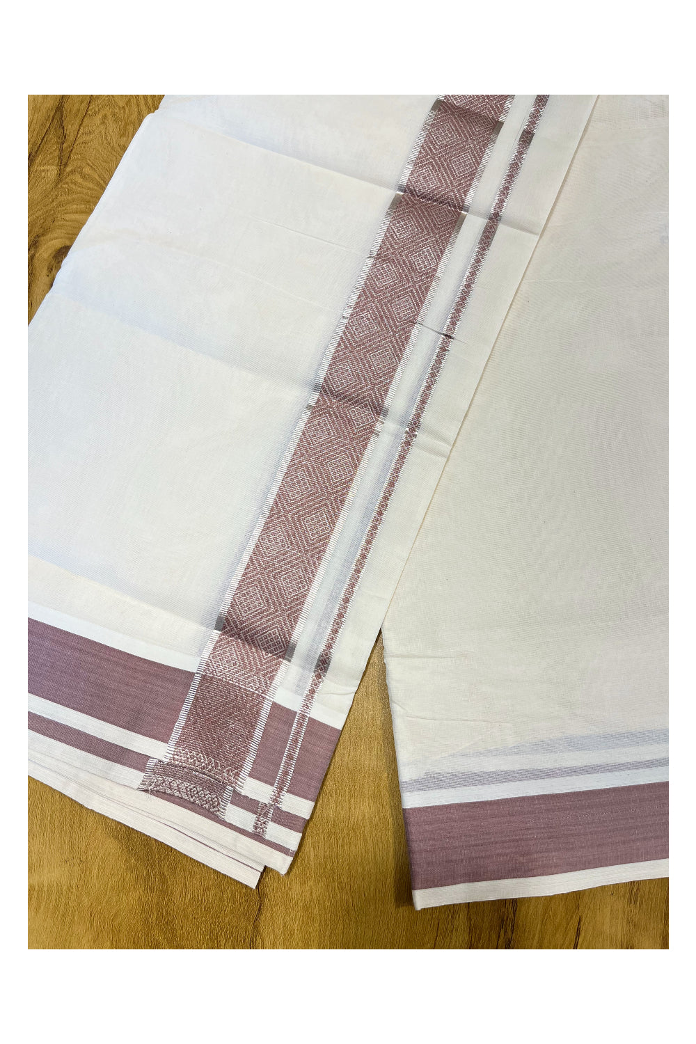 Southloom Off White Cotton Double Mundu with Silver Kasavu and Brown Woven Border