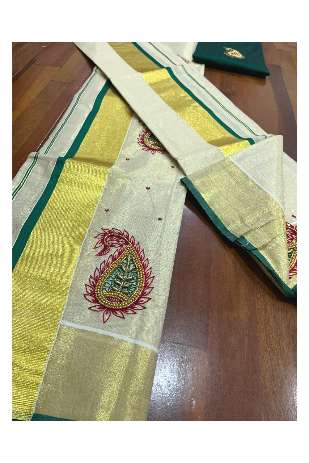 Kerala Tissue Kasavu Set Mundu (Mundum Neriyathum) with Handwork Design and Green Blouse Piece