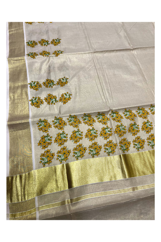 Kerala Tissue Kasavu Saree with Floral Prints on Body and Kasavu Border