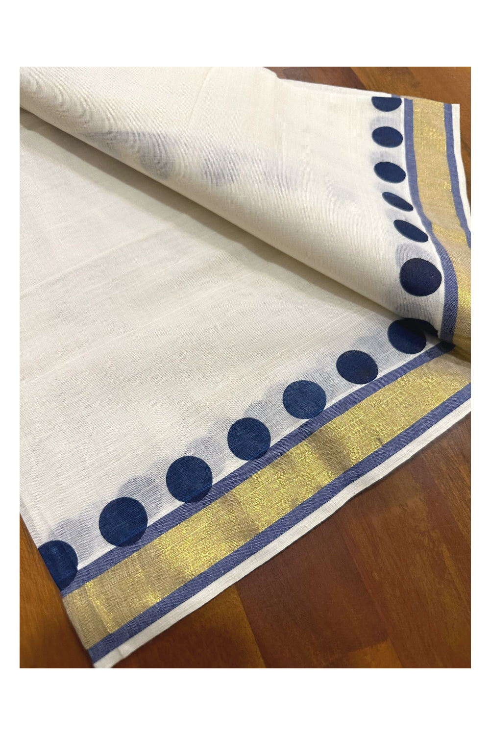 Kerala Cotton Kasavu Single Set Mundu (Mundum Neriyathum) with Dark Blue Block Prints on Border 2.80 Mtrs