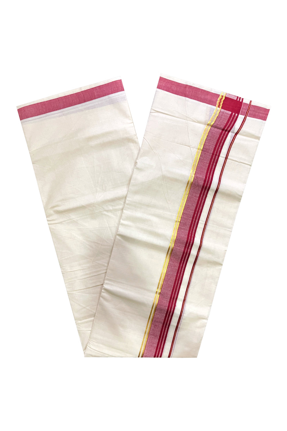 Off White Kerala Cotton Double Mundu with Kasavu and Maroon Border (South Indian Kerala Dhoti)