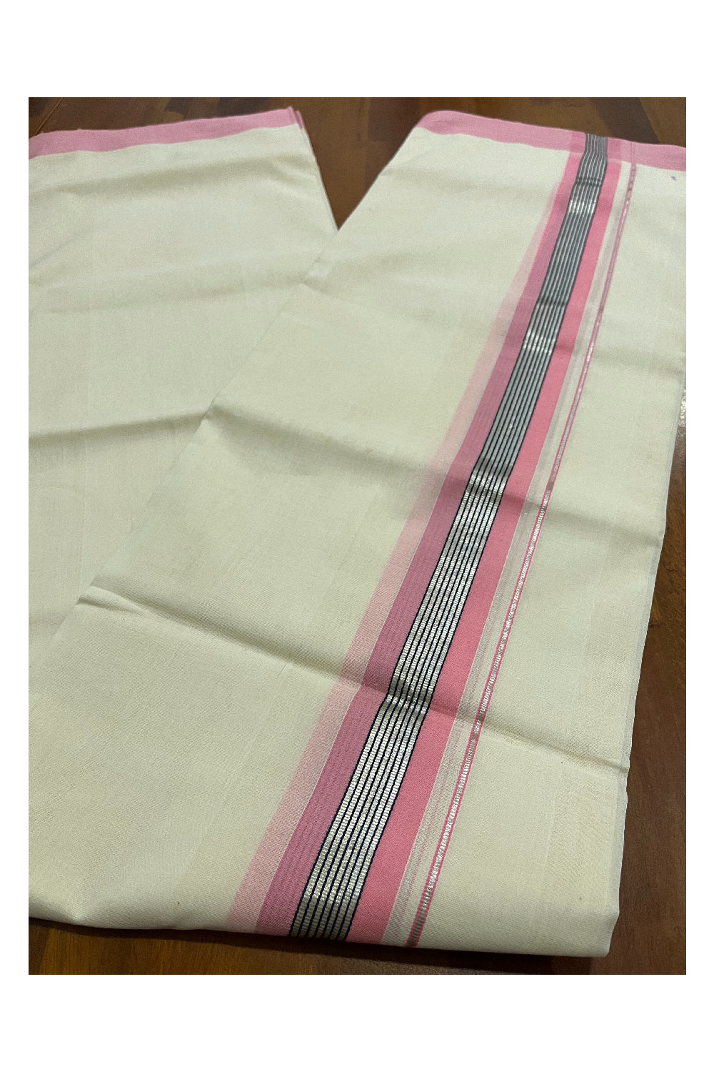 Southloom Premium Balaramapuram Unakkupaavu Handloom Mundu with Pink and Silver Kasavu Border (South Indian Kerala Dhoti)